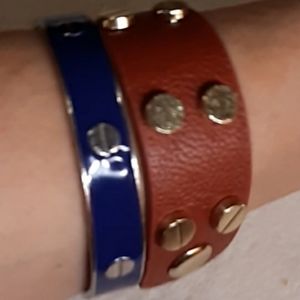 Yik Fung Red Leather Snap & Blue Bangle Bracelets